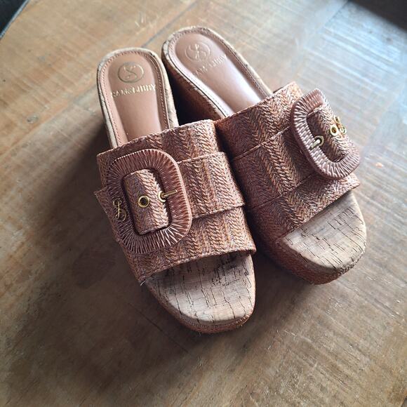 Sam And Libby Crysta Buckle Platform Wedges Rattan Buckle Slip On Sandals Size 7 - Picture 1 of 6
